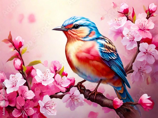 Obraz Cute songbird perched on a cherry blossom tree branch beautiful birds with spring illustration