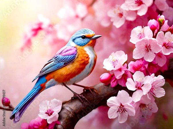 Fototapeta Cute songbird perched on a cherry blossom tree branch beautiful birds with spring illustration