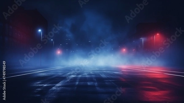 Fototapeta Dark Street Background with Thick Fog, Spotlight, and Blue and Red Neon Lights. Abstract Night View with Neon Lights.
