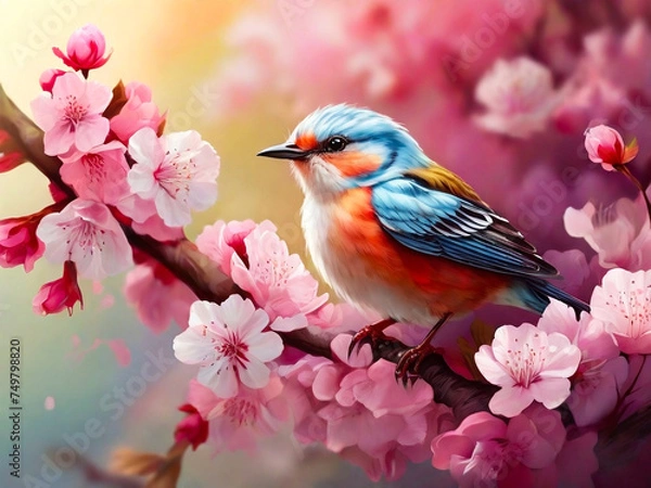 Obraz Cute songbird perched on a cherry blossom tree branch beautiful birds with spring illustration