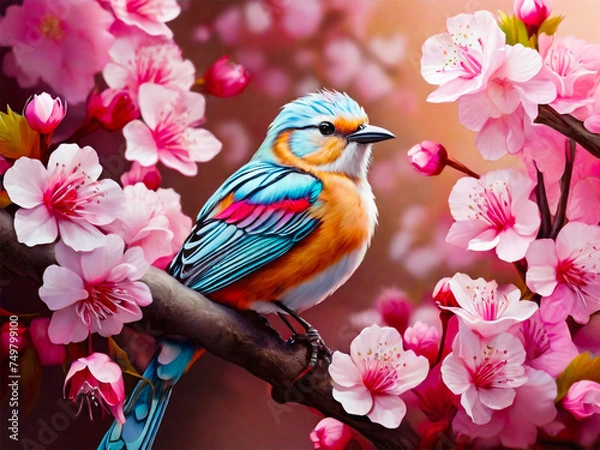 Obraz Cute songbird perched on a cherry blossom tree branch beautiful birds with spring illustration