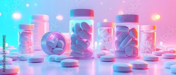 Obraz Vibrant Pills and Bottles on Glass Surface with Neon Lights