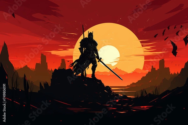 Fototapeta flat silhouette illustration of a knight in armor against the background of a battlefield