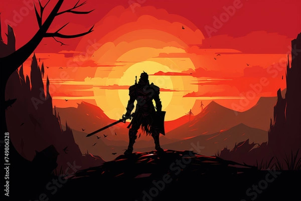 Fototapeta flat silhouette illustration of a knight in armor against the background of a battlefield