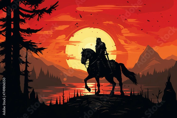 Fototapeta flat silhouette illustration of a knight in armor against the background of a battlefield