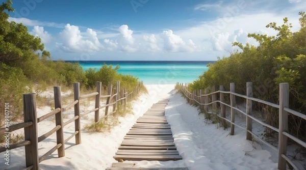 Obraz Fenced path to white sand beach from Generative AI