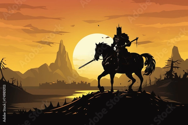 Fototapeta flat silhouette illustration of a knight in armor against the background of a battlefield