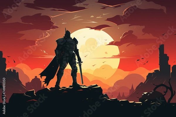 Fototapeta flat silhouette illustration of a knight in armor against the background of a battlefield