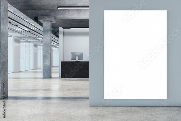Fototapeta Modern spacious office interior with blank white mock up banner, reception desk and furniture. 3D Rendering.