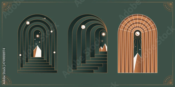 Obraz Boho frame arch vector illustration modern minimalistic retro aesthetic linear arc portal logo bohemian design element mystical geometric abstract border