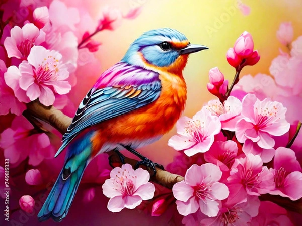 Fototapeta Cute songbird perched on a cherry blossom tree branch beautiful birds with spring illustration