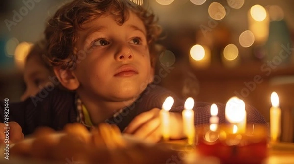 Fototapeta Child experiencing warmth of tradition by lighting candles during festive celebration. Capture of innocence and essence of family rituals.