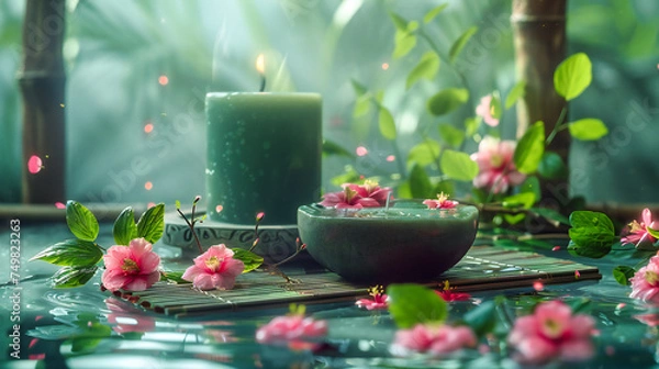 Obraz Aqua Aromatherapy: Spa Treatment with Essential Oils, Flower Petals, and Relaxing Atmosphere for Skin and Soul