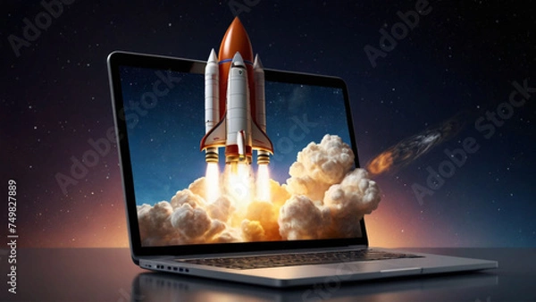 Obraz Rocket launch from laptop screen. Rocket taking off. Business Start up, Launching new product or service. Successful start-up