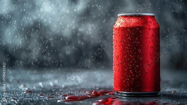 Fototapeta a blank red aluminum can with water drops on the can surface with copy space, Chilled beverage can with Condensation Drops