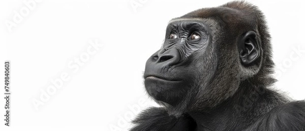 Fototapeta a close - up of a gorilla's face looking up at something in the distance with a white background.