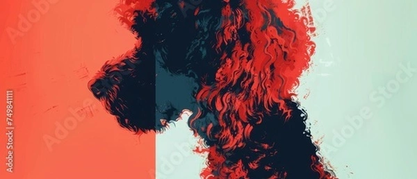 Fototapeta a painting of a dog's head with a red and blue stripe in the middle of the image and a black dog's head with a red stripe in the middle.
