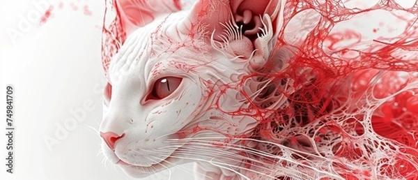 Fototapeta a close up of a cat's face with red and white swirls on the cat's fur.