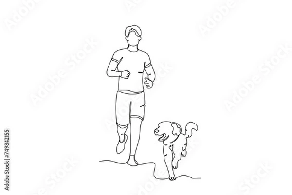 Fototapeta Single continuous line drawing of Man jogging with his pet dog .sport concept one line draw graphic design vector illustration