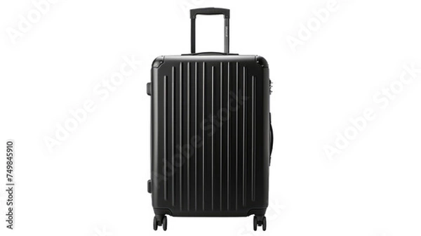 Fototapeta Black Suitcase With Wheels. A black suitcase with wheels stands on a plain white background. The suitcase is closed and ready for travel with a sturdy handle and smooth wheels for easy transportation.