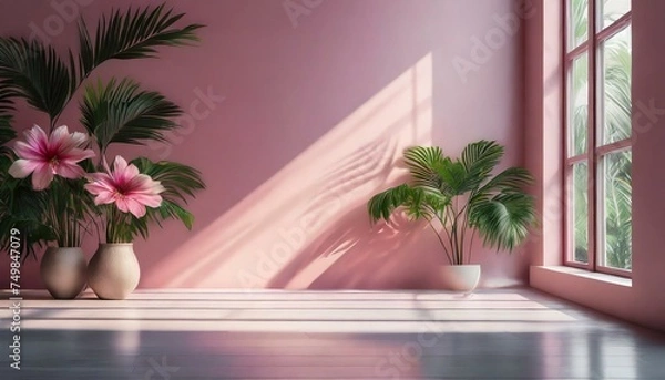 Obraz Abstract gradient pink studio background for product presentation. Empty room with shadows of window and flowers and palm leaves, Ai Generate 