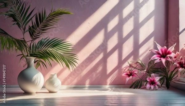 Obraz Abstract gradient pink studio background for product presentation. Empty room with shadows of window and flowers and palm leaves, Ai Generate 
