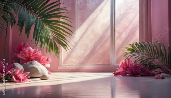 Obraz Abstract gradient pink studio background for product presentation. Empty room with shadows of window and flowers and palm leaves, Ai Generate 