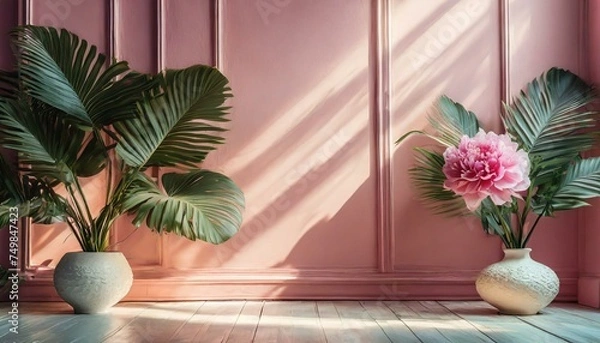 Obraz Abstract gradient pink studio background for product presentation. Empty room with shadows of window and flowers and palm leaves, Ai Generate 