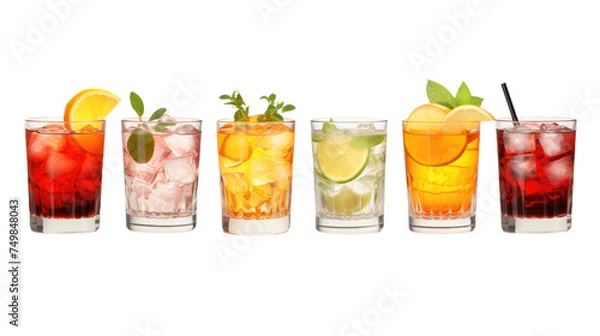 Fototapeta Row of Glasses Filled With Different Types of Drinks. A row of glasses filled with various beverages such as water soda juice wine and cocktails. Each glass showcases a different color and texture.