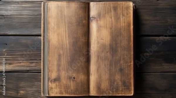 Fototapeta From a top view, an old book rests on a wooden plank background.