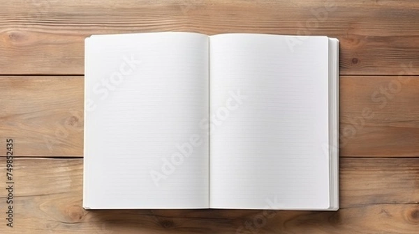 Fototapeta Top View of Blank Book on Wooden Table Background.
