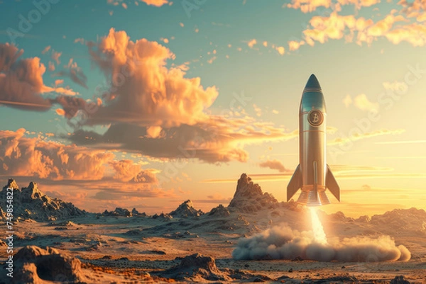 Obraz Rocket Soaring Through Sunset Sky