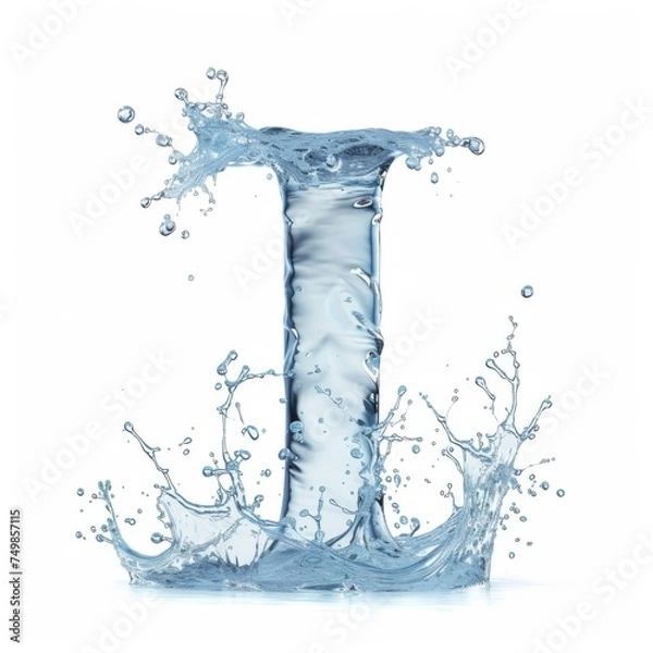 Fototapeta Splash of water takes the shape of the letter I, representing the concept of Fluid Typography. The waters blue color contrasts with the white background. Letter I water splash alphabet.