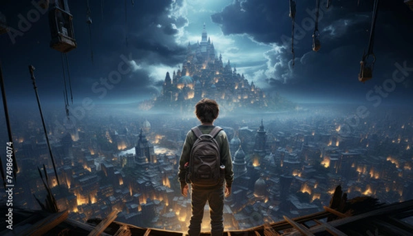 Fototapeta A boy on a fabulous journey around the world.