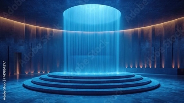 Obraz  a room with a fountain in the middle of it and a blue light coming from the center of the room on the right side of the room is a set of stairs.