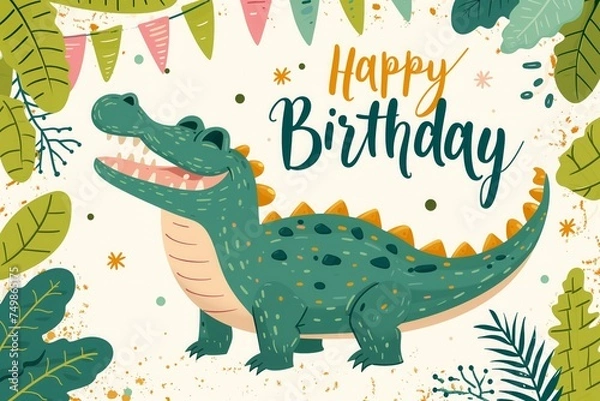 Fototapeta a greetings card for a happy birthday. a color drawing illustration of a cheerful crocodile celebrating a personal holiday. A postcard template