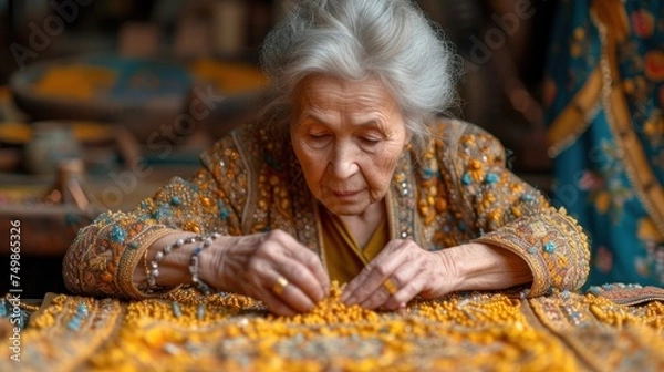 Obraz  a woman sitting at a table working on a piece of cloth with her hands on the edge of the table and looking down at the edge of the piece of the cloth.
