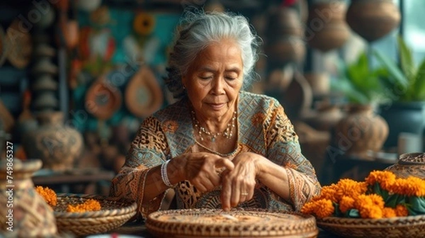 Obraz  a woman sitting at a table in front of baskets of flowers and baskets of baskets with orange flowers on the table in front of her and a vase in the background.