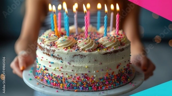 Obraz  a birthday cake with white frosting and multicolored sprinkles with a person holding a plate with a cake in front of it with lit candles.