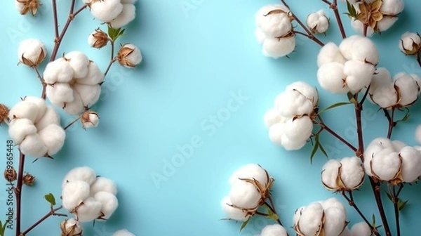 Fototapeta  cotton flowers on a blue background with a place for the word cotton on the top of the photo and the bottom of the image of the flowers on the bottom of the picture.