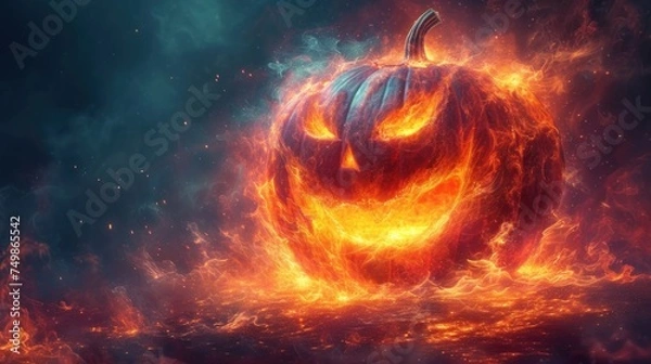 Fototapeta  a burning pumpkin in the middle of a dark sky with bright orange and red flames surrounding it and a dark blue sky with white clouds and dark blue sky behind it.
