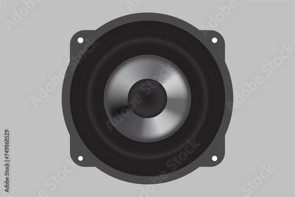 Obraz A Powerful Black Color Audio Speaker with Loud Bass and Volume: Vector Illustration Icon Symbol with Screw Holes