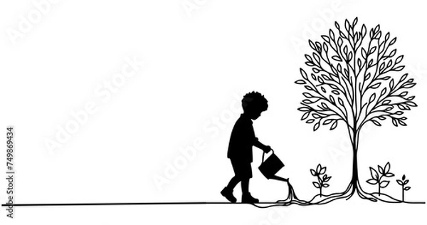 Fototapeta Continuous one black line art drawing Silhouette of children watering a tree. planting tree to save the world and earth day reduce global warming growth concept vector illustration on white background