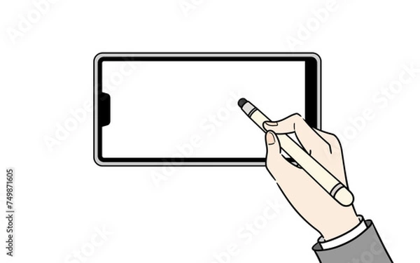 Obraz 横向きのスマホをタッチペンで操作するスーツの女性の手