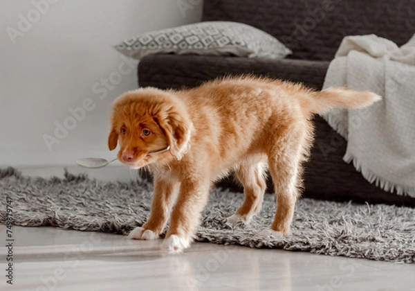 Fototapeta Bright Toy Duck Entertains Toller Puppy In Room, A Nova Scotia Duck Tolling Retriever
