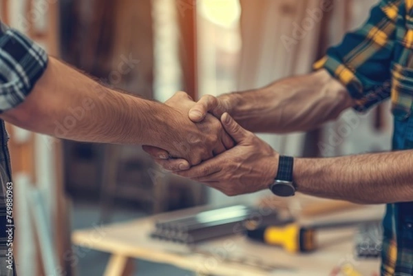 Fototapeta Smiling contractor in plaid shirt shaking hands with client, finalizing details on a residential renovation project in a home interior - AI generated