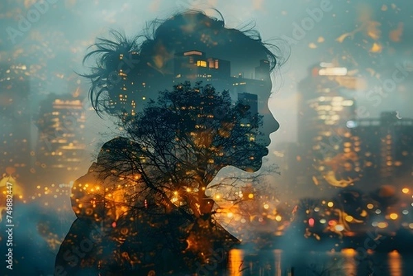 Fototapeta Double exposure of a portrait of a woman with a city background. Conceptual image of the environment