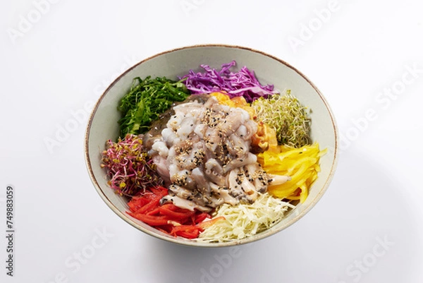 Obraz 흰색배경에 물회 생낙지와 각종 채소 음식사진