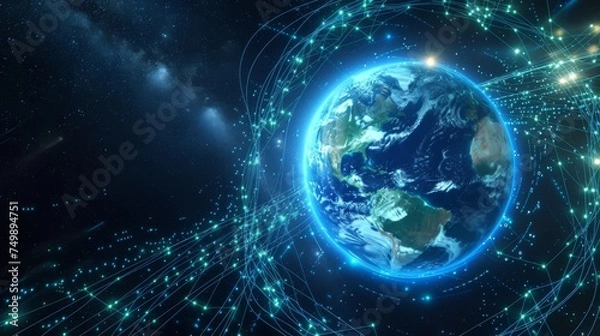 Fototapeta A stunning depiction of Earth surrounded by digital connections and starlight, highlighting the cosmic scale of technology and environment on Earth Day.