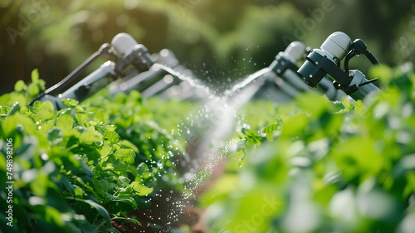 Obraz Automated Robotic Arms Watering Agricultural Crops
. Robotic arms equipped with precision irrigation systems water young crops, showcasing advanced technology in smart agriculture.
